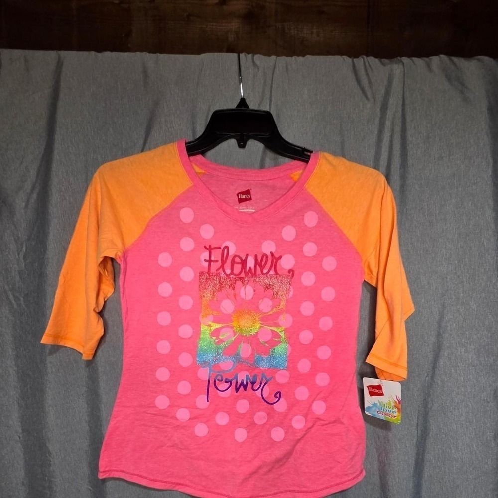 Hanes Flower Power Pink Orange Raglan 3/4 Sleeve Graphic Tee M New